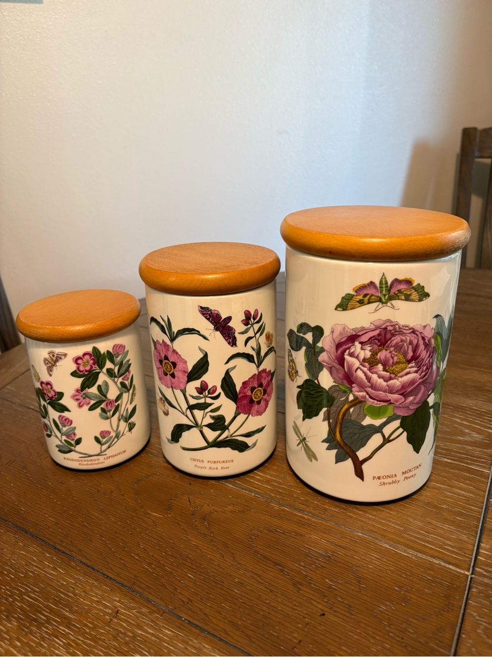 Portmeirion Botanical Ceramic Storage Jars, 3 piece-with Wooden Lids “England”
